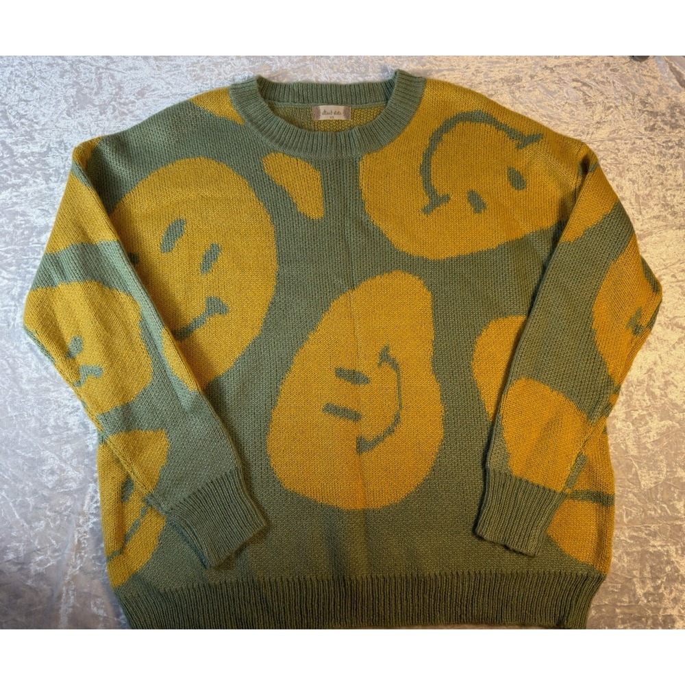 Altar'd State Sweater Women XS Smiley Face Green Mustard Oversized Relaxed Knit